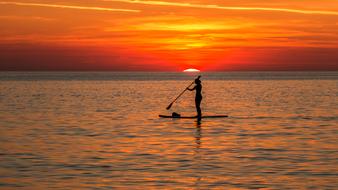 silhouette of a man on a board with a paddle at dusk