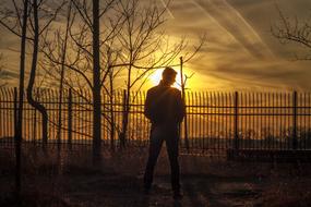 silhouette of a man at dusk near the fence