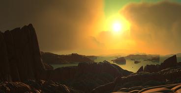 3d landscape with the rocks on the shore, and colorful Sun in the sky, with clouds, clipart