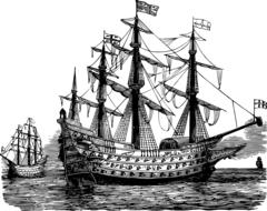 two sailing ships on water, drawing