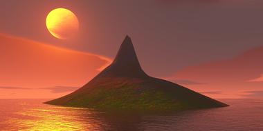 Beautiful island with the mountain, at colorful sunset in the sky with clouds