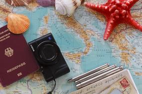 travel accessories on the world map