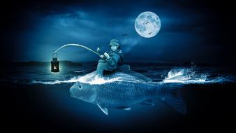 fantastic image of a boy with a fishing rod on a big fish against the background of the night sky