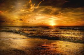 North Sea against the background of a golden sunset, Denmark