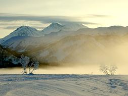 scenic mountains at foggy winter Morning