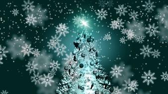 Beautiful blue winter background with the beautiful Christmas tree with decorations and snowflakes