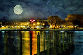 Beautiful landscape of the city shore with colorful lights and plants, at Super Moon in the sky, at night