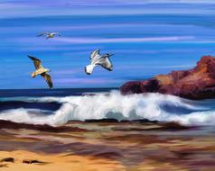 seagulls over ocean waves in colorful landscape