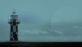 Landscape with the lighthouse, on the shore of the sea, at background with the Moon and clouds, clipart