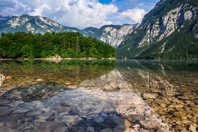 Beautiful and colorful landscape of the lake, among the mountains and plants, in Bohinj, Slovenia