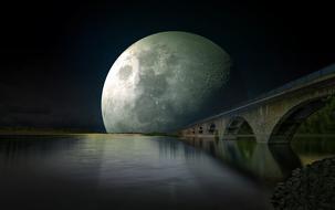 mystical image of a stone bridge against the backdrop of a large moon