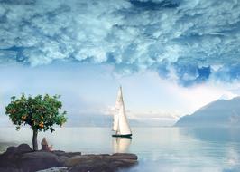 Person under the orange tree and boat on the water, on the beautiful landscape, under the cloudy sky
