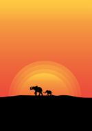 Elephants silhouettes against orange sunset