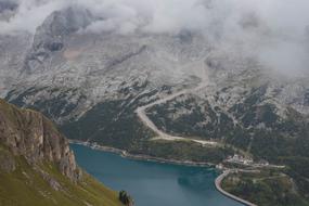 Panoramic view of the lake in the Dolomite mountains