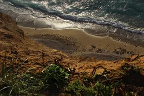 Beautiful and colorful high view beach, with the green plants, near the shiny water