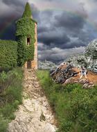 Beautiful landscape with the colorful dog near the castle tower in green plants, near the rocks