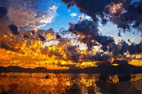 Beautiful and colorful burning sunset in the clouds above the water
