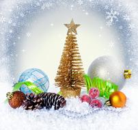 Beautiful and colorful Christmas decorations, among the snowflakes, in light, clipart