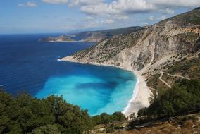 Beautiful landscape with the sandy Myrtos beach with turquoise water on Kephalonia, Greece