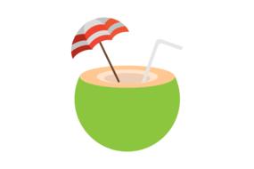 Beautiful and colorful drink with the straw and umbrella, in the green coconut, clipart