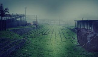 Beautiful old train station with green grass in fog