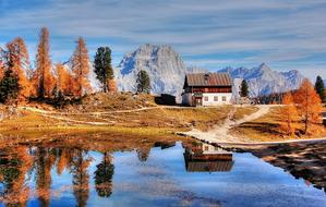 Dolomites Mountains and lake house Italy