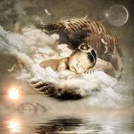 Baby sleeping on the clouds, above the water, at the Moon and Sun, clipart
