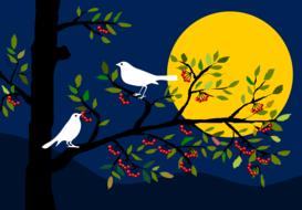 Birds on a tree at dusk as an illustration