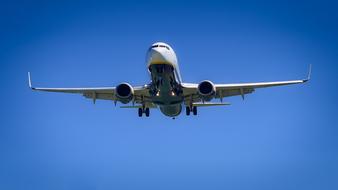 plane in a bright blue sky, bottom view