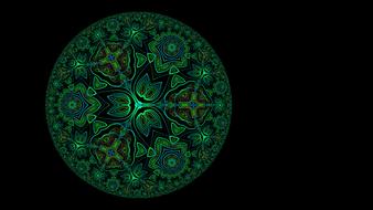 Beautiful, green and blue ornamental pattern, at black background, clipart