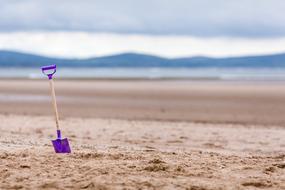 purple shovel on a sandy beach