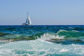 sea waves and sailing ship on the horizon