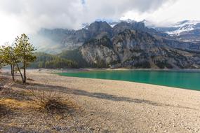 beautiful panorama of the lake and mountains in a national park in Switzerland