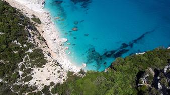 Beautiful top view of the beach with green tree, with turquoise water in Sardinia, Italy