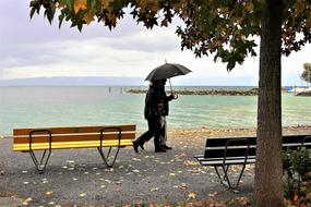 a couple under an umbrella walking along the lake