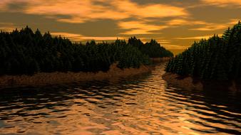 Beautiful landscape with the water, among the pine forest, at colorful sunset