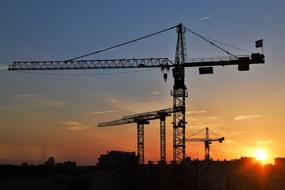 silhouettes of construction cranes over the city at sunset