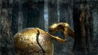 sculpture, person with cracked ball in dark Forest, Fantasy