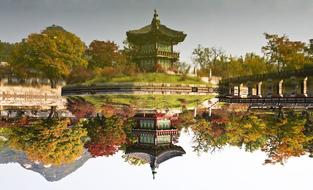 Beautiful and colorful Gyeongbok Palace, on the shore in Seoul, Republic of Korea