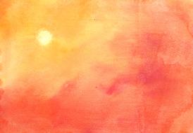 Beautiful watercolor painting o the colorful sunset with Sun in the sky