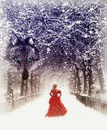 Girl in red dress walking among the beautiful snowy trees in winter