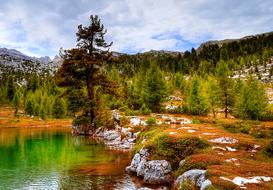 Beautiful and colorful landscape of Dolomites, with the trees, water and mountains, in South Tyrol, Italy