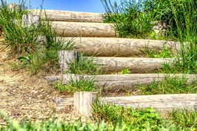 steps from wooden logs, close-up