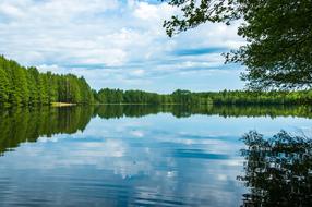 white clouds reflected in a lake in russia