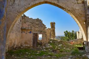 Beautiful landscape with the ruins, among the green plants on the shore of Kato Drys on Cyprus, Greece