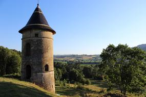 Beautiful and colorful landscape with the tower, among the plants, on the mountains, in Grenoble, France, at blue sky on background