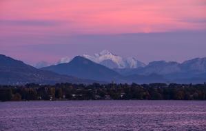 Mountain Lake and pink sky Landscape