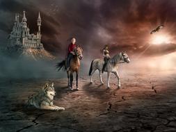 fantastic image of horsemen and a wolf against the background of a medieval castle