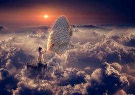 clipart of girl and fish at sunset dawn clouds