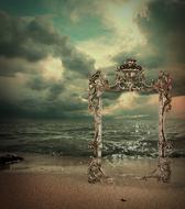 Beautiful beach with the patterned mirror, at beautiful and colorful sunset in the clouds